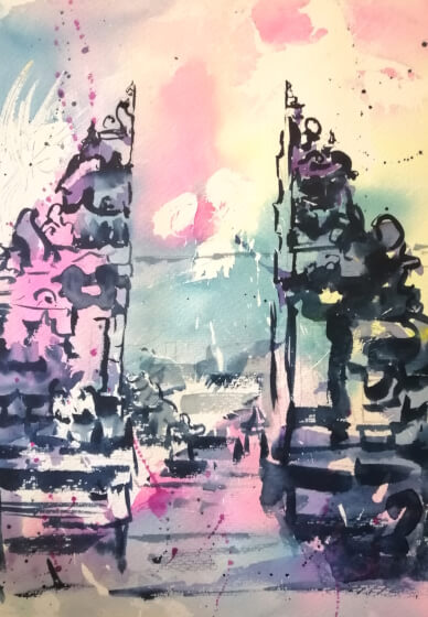 Paint Tanah Lot Temple and Gates in Watercolour at Home