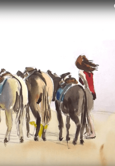 Paint Watercolour Donkeys on the Beach
