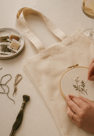 Tote Bag Embroidery Workshop with Wine