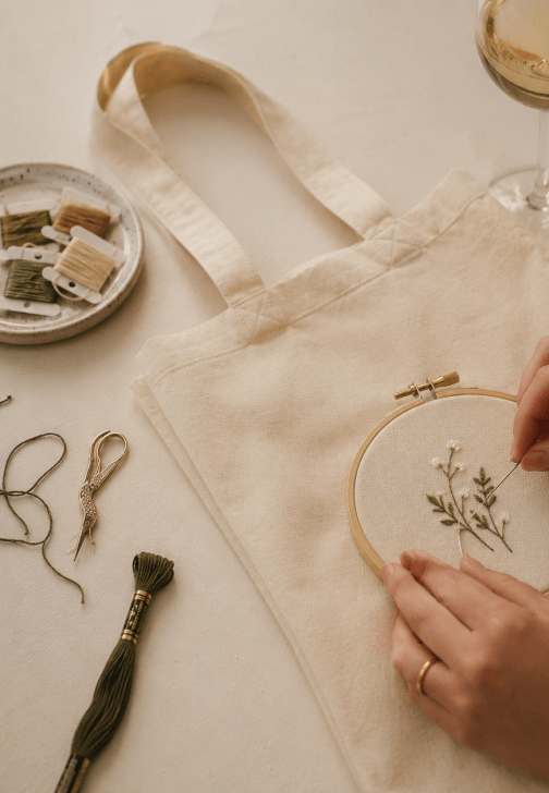 Tote Bag Embroidery Workshop with Wine