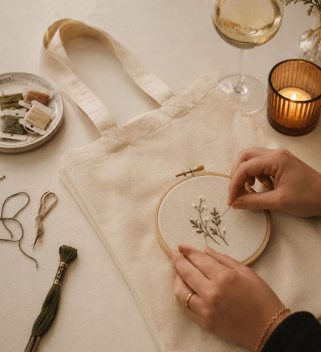 Tote Bag Embroidery Workshop with Wine