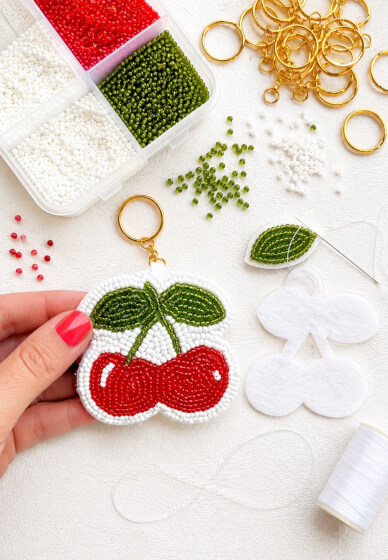 Beaded Cherry Keyring Embroidery Workshop for Beginners