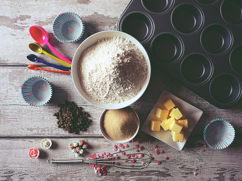 Ingredients and tools from a baking kit