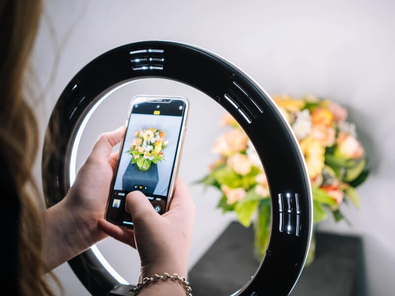 Person using a smartphone and ring light to take a photograph of some flowers