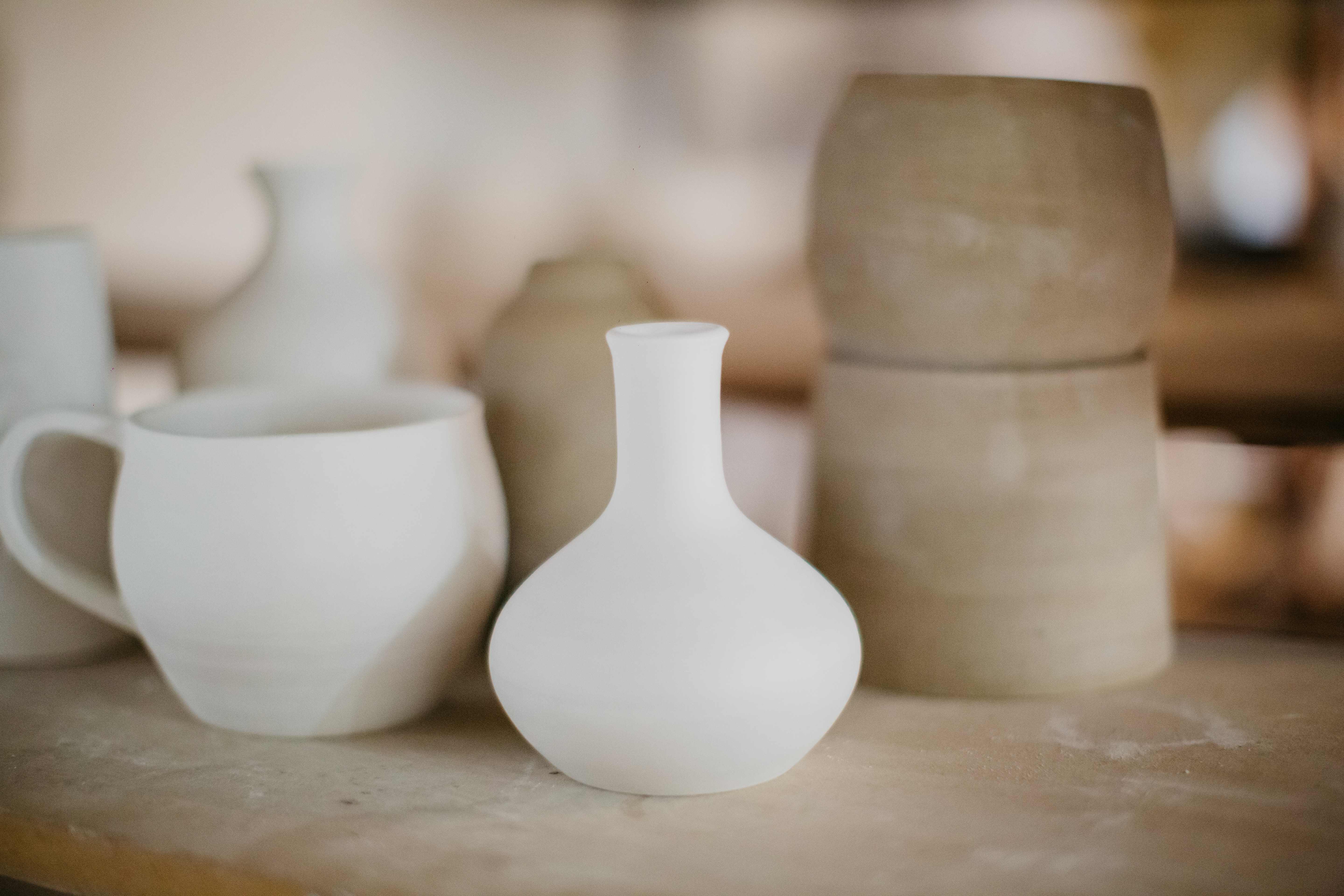 A selection of handmade pottery made in a wheel throwing class.
