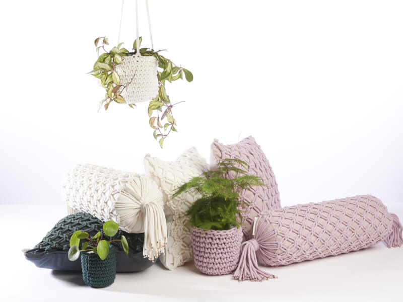 A picture of two plants in crochet plant pots, in front of two macrame cushion covers in various colours