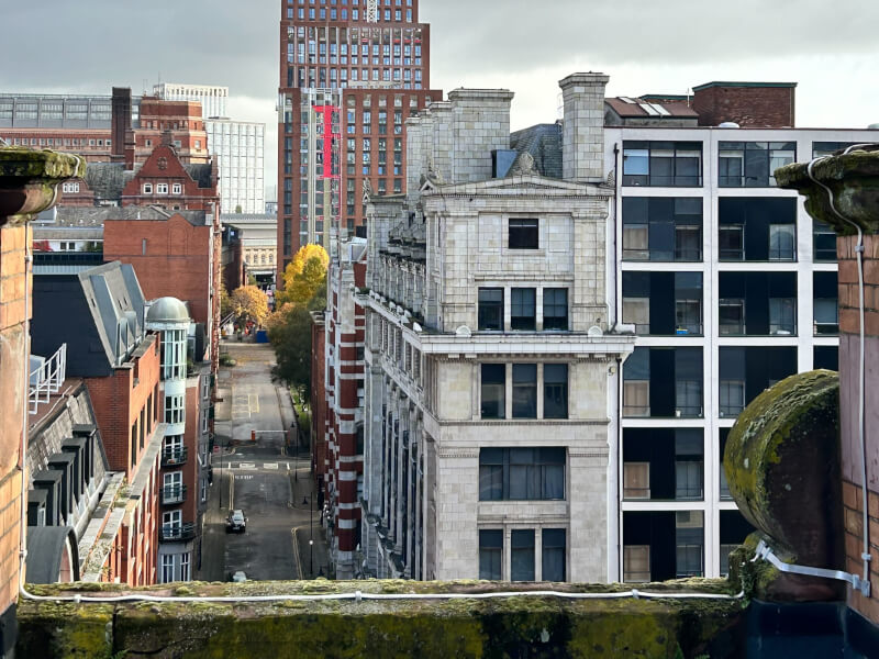 The Manchester city skyline as seen from a rooftop