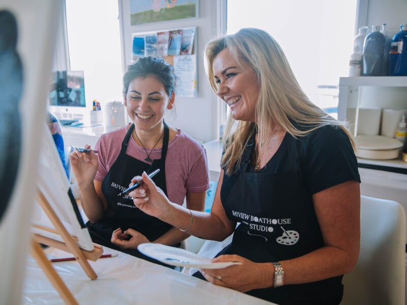 Two women are sitting at an easel, painting on canvas