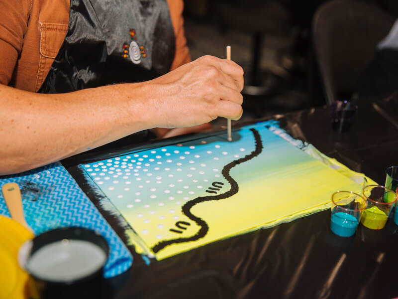 A person is painting an abstract art picture in blue, green and yellow acrylic paint