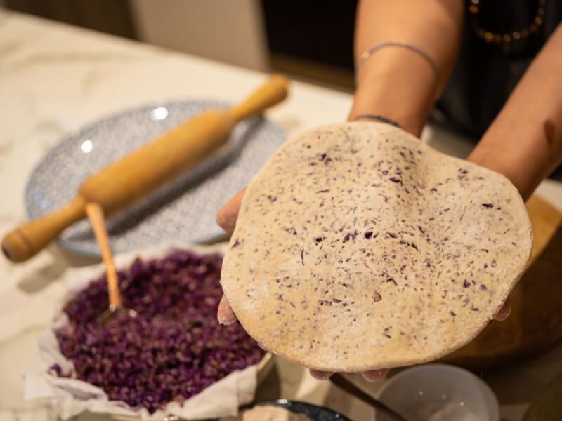 A rand rolled naan made in an Indian cooking class.