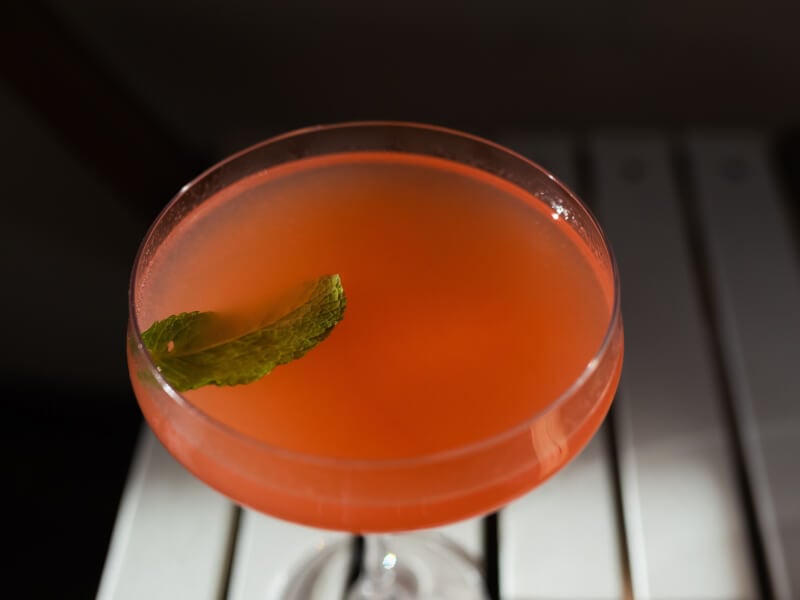 Red cocktail garnished with a leaf.