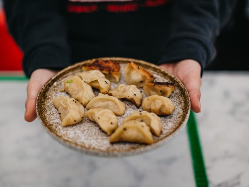 Hands holding a plate of fried Chinese dumplings