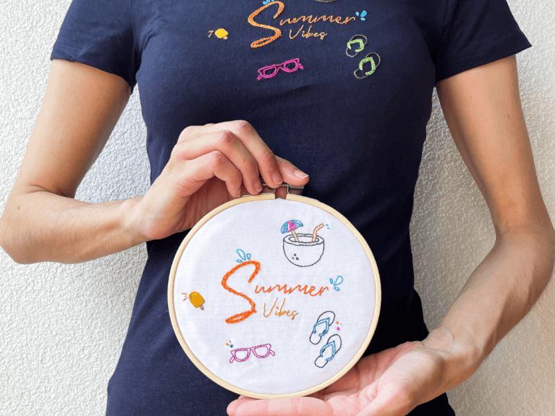 A close up of a person holding an embroidery hoop filled with fabric covered in stitched designs