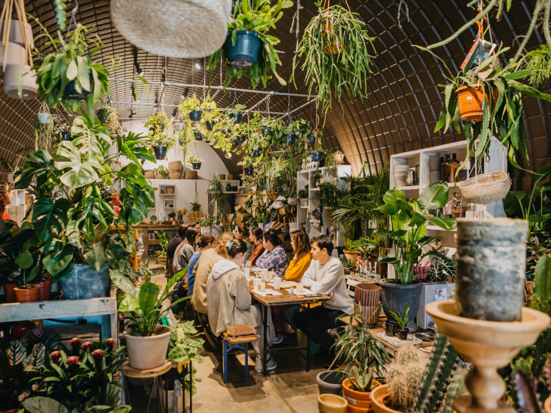 A group of people sitting at a wooden table in a plant filled room, at a candle making class