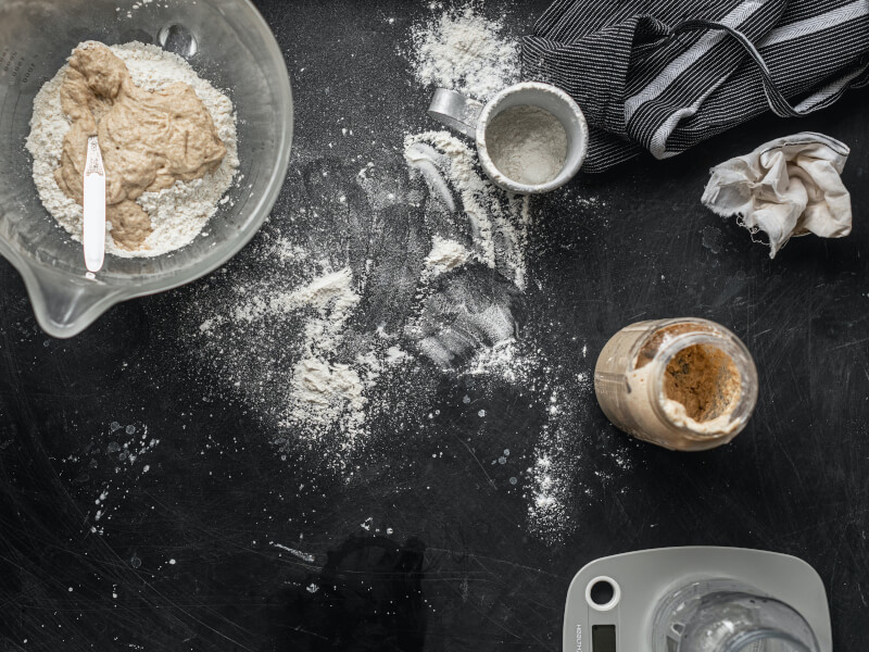Ingredients ready to make a sour dough at a baking class