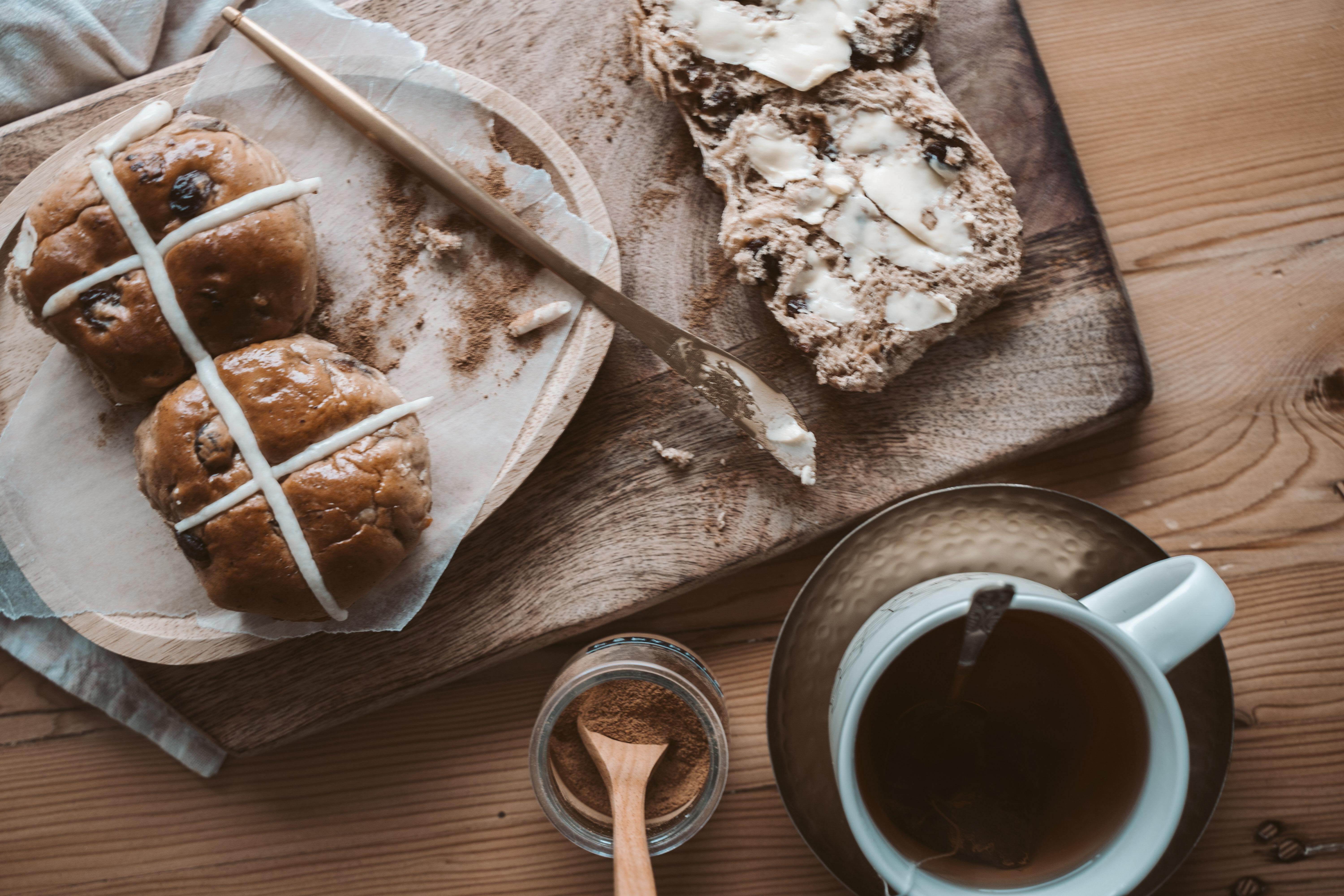 Hot cross buns and a cup of coffee - made as part of an online cooking class.