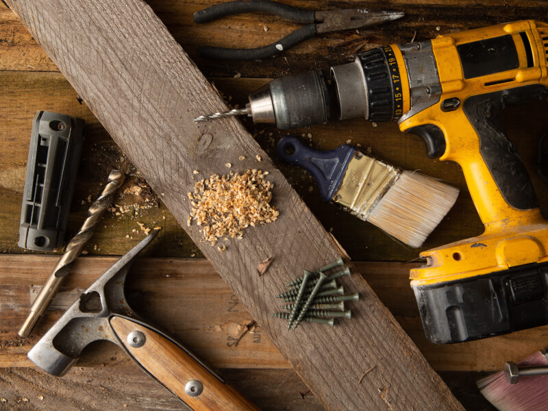 A top down view of a few different woodworking tools.