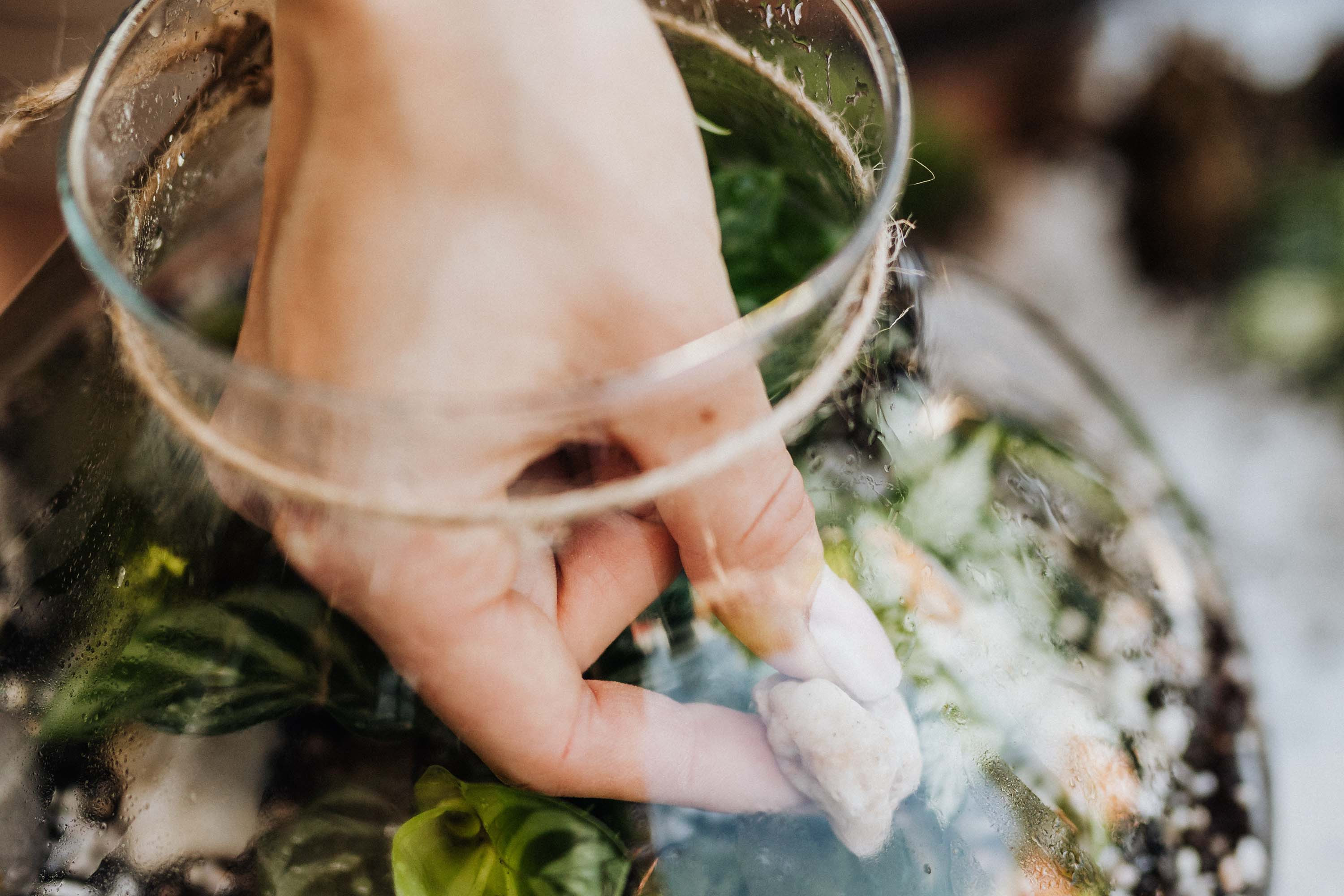 A person adding the finishing touches to a glass terrarium