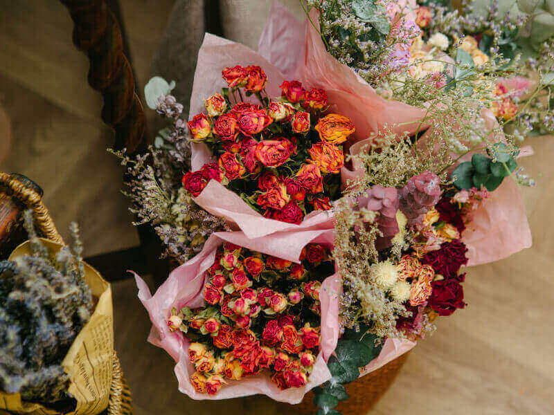 Floral bouquets in a floristry workshop