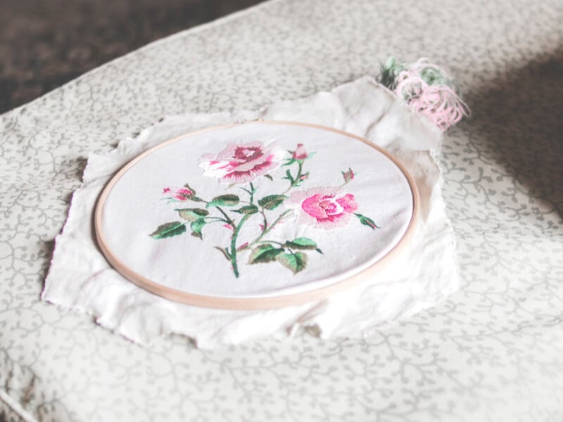 close up of a floral embroidery hoop