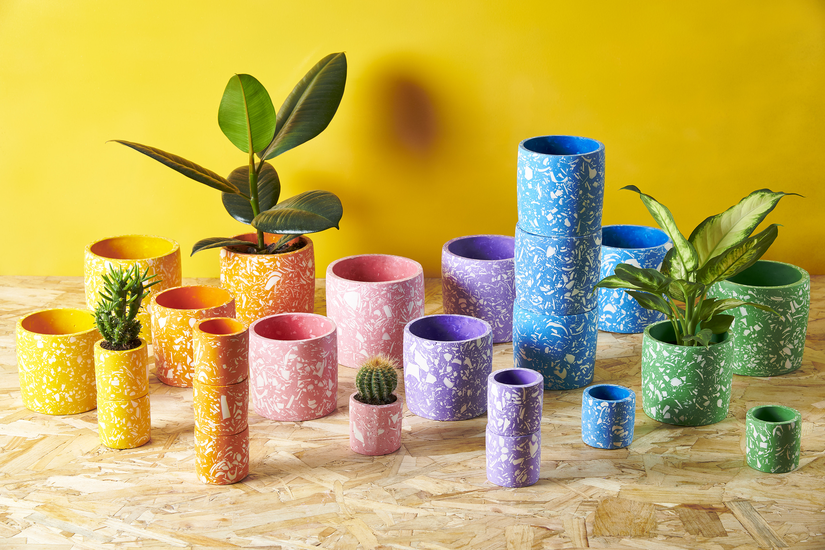 A selection of colourful terrazzo jesmonite plant pots sitting on a wooden table