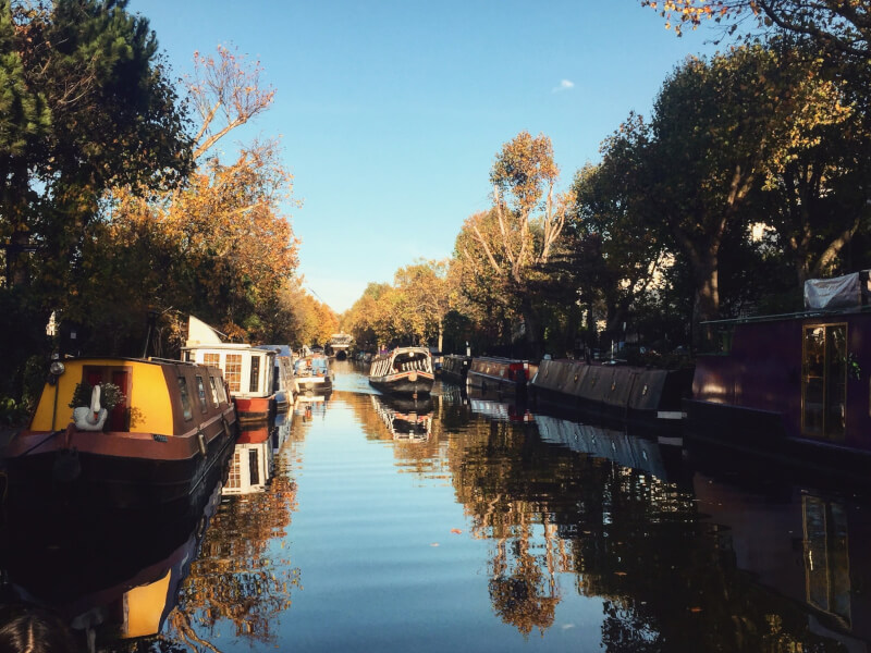 Little Venice in London, with a selection of colourful canal boats