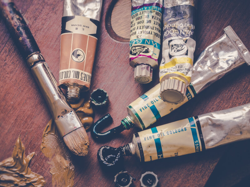 Tubes of paint ready for an online art class. 