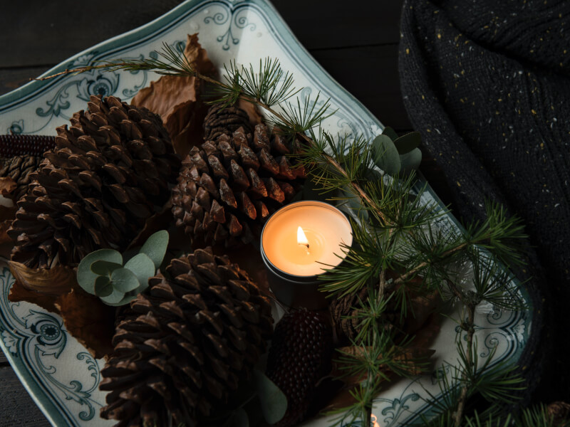 A lit candle surrounded by pine cones