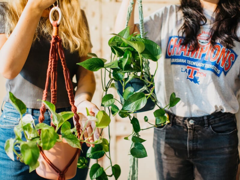 Two women hold up macrame plant pots with green plants in them