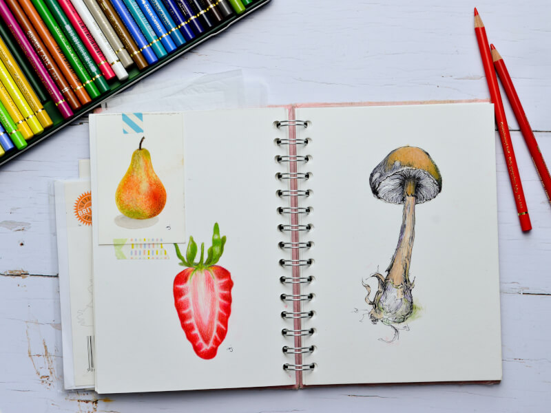 Art materials including coloured pencils for a drawing class