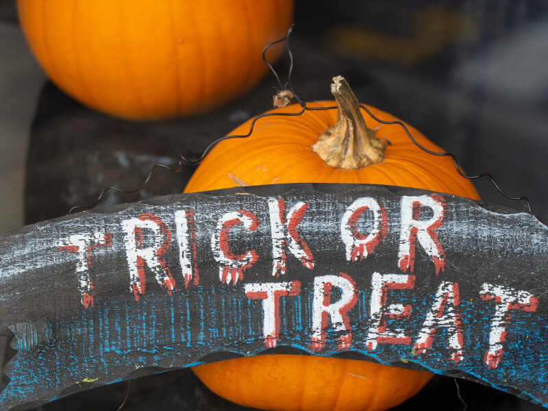 Trick of treat sign in front of two pumpkins