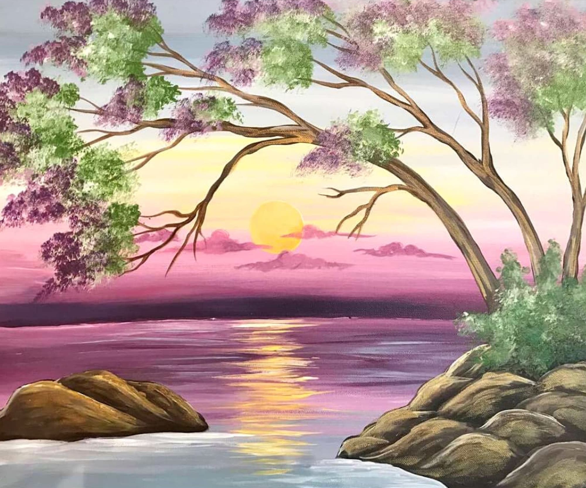 A painting of a tranquil ocean landscape created at an online paint and sip class.