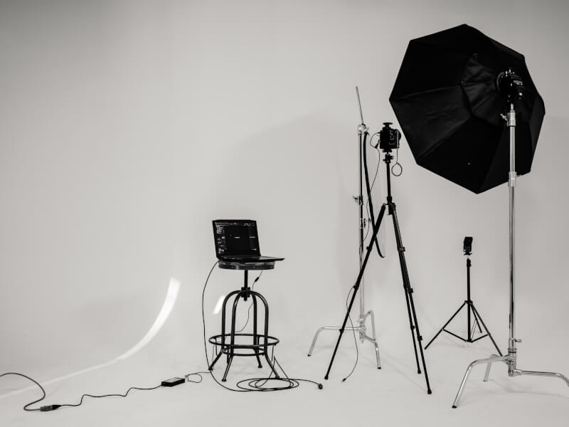 A photography studio with lighting setting. 