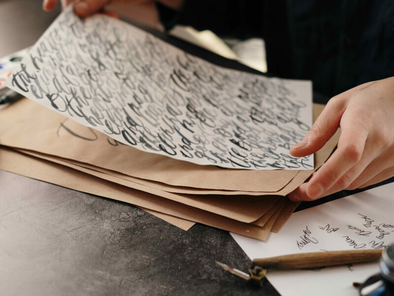A person holding their finished calligraphy art work