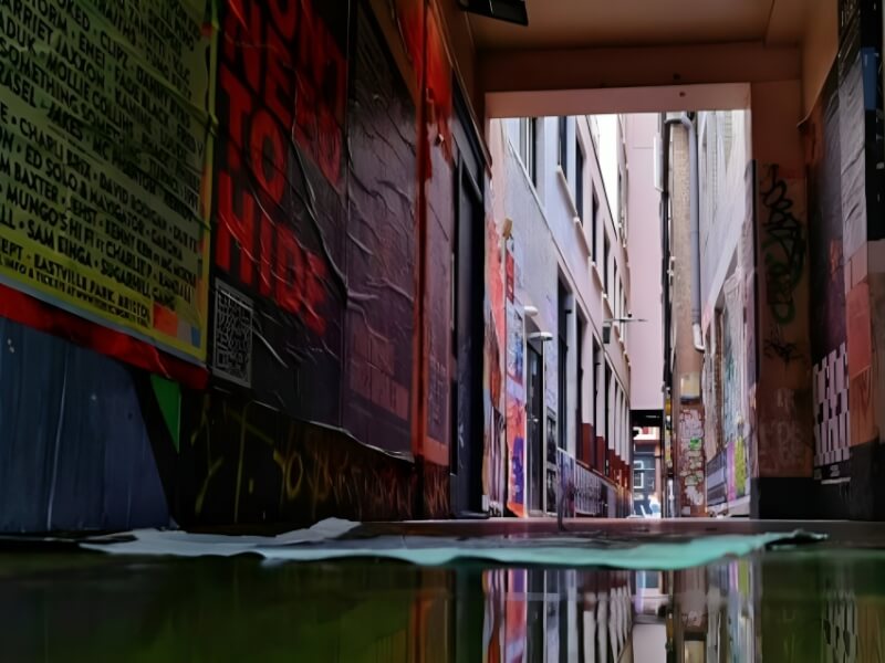 A photograph of an alley in Soho with a reflection