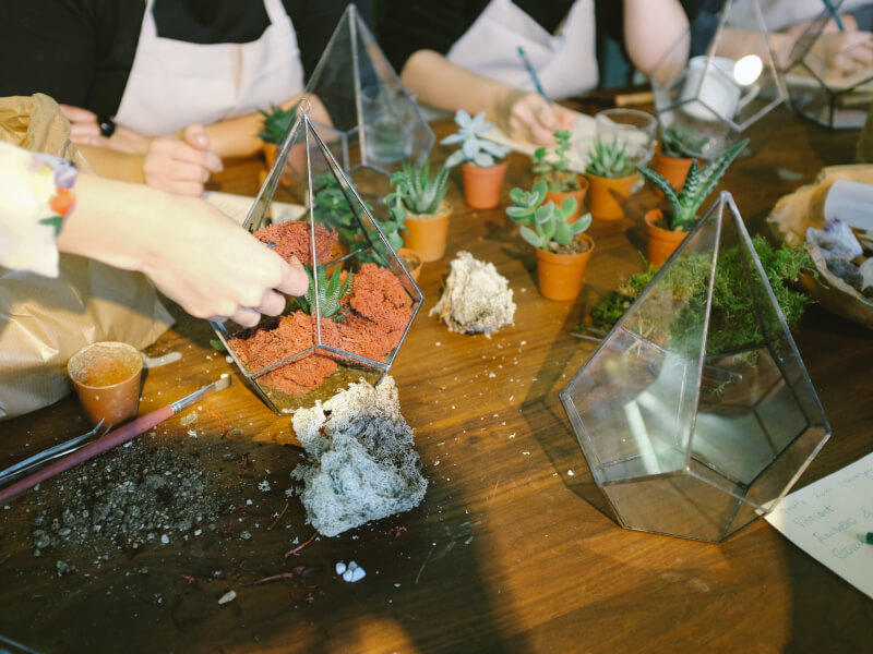 Several people are gathered around a table with glass terrariums, plants and soil on top