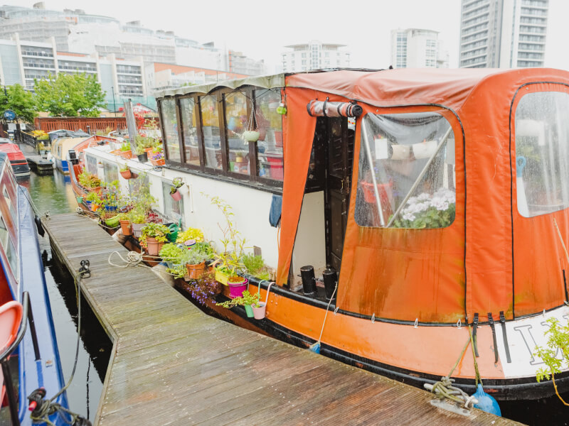 A houseboat covered in plants sits docked on the river in London