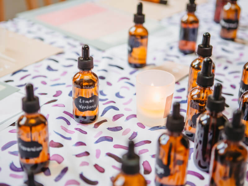 Perfume bottles on a table in a perfume making class