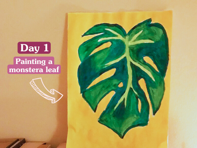 Painting of a monstera leaf.