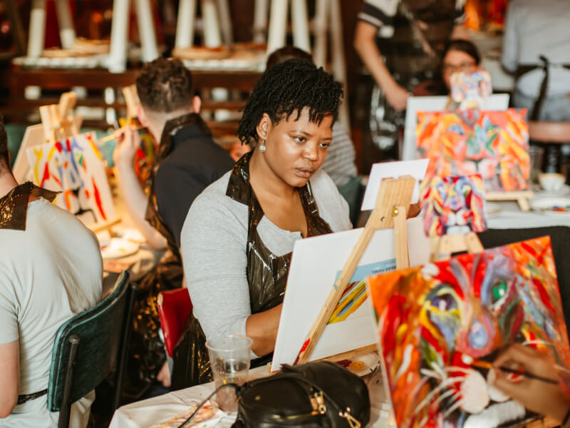 A woman sitting at an easel, painting a picture on canvas